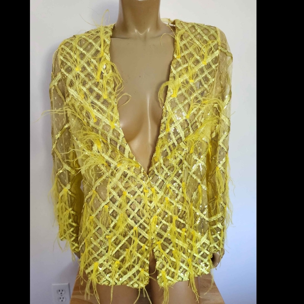 Handmade Women's Yellow  Senquin Jacket Blazer Fits size L XL Shinny Statement